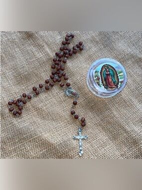 Virgin marry rosary wooden catholic necklace New with box New wood